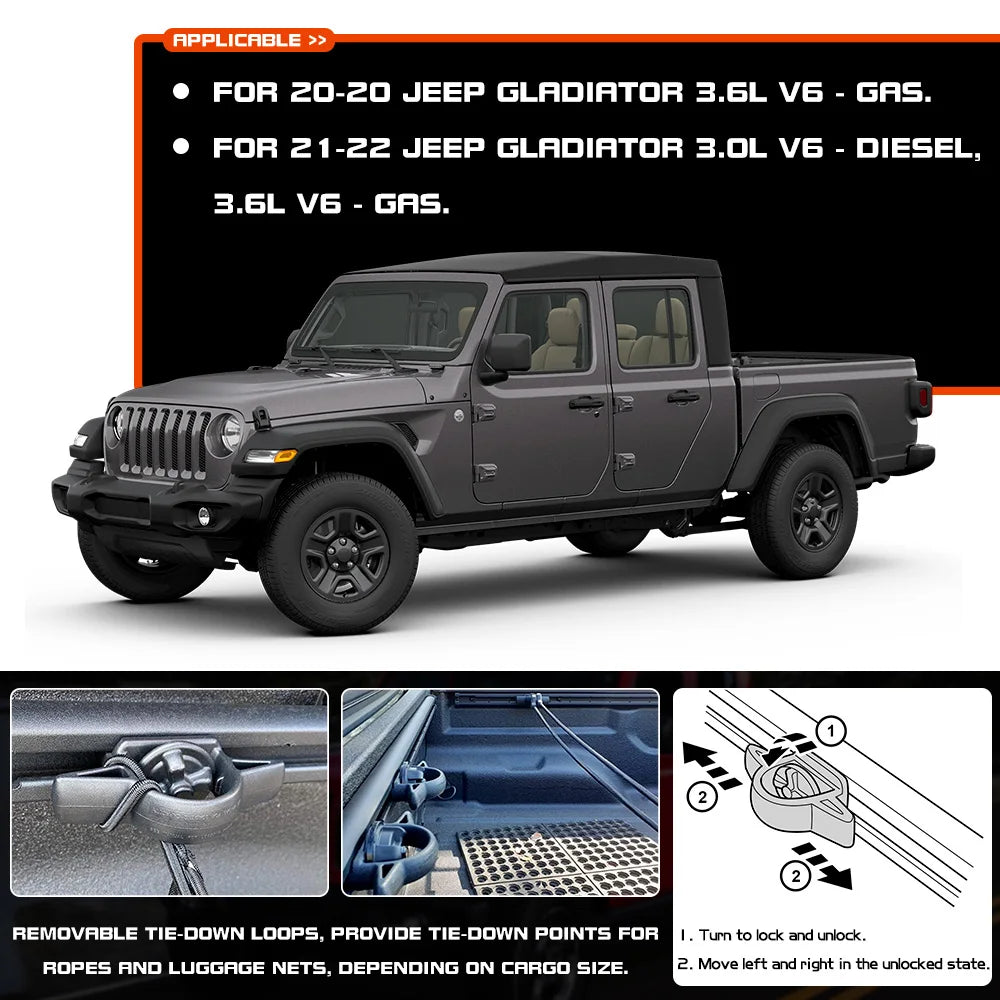 Trail Rail Kit For 20-22 Jeep Gladiator 3.0L 3.6L V6 Utility Rails Tie Down Truck Bed Rail 82215956 Rail Cap Roof Rack Crossbars