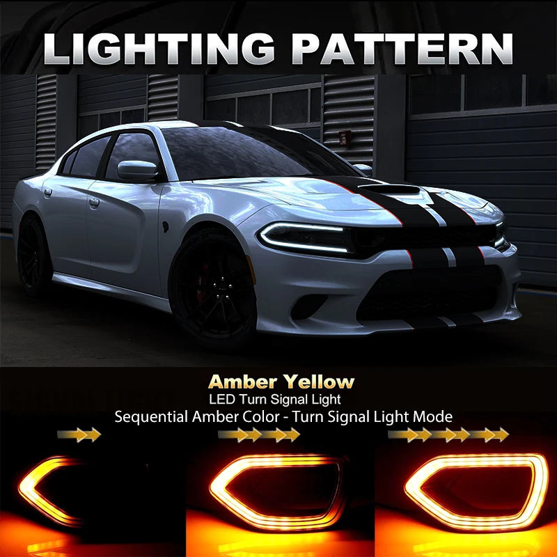 Replacement for SRT Scat Pack Grille LED Lights Sequential Amber Turn Signals Lights For Dodge Charger White LED as DRL 15-20