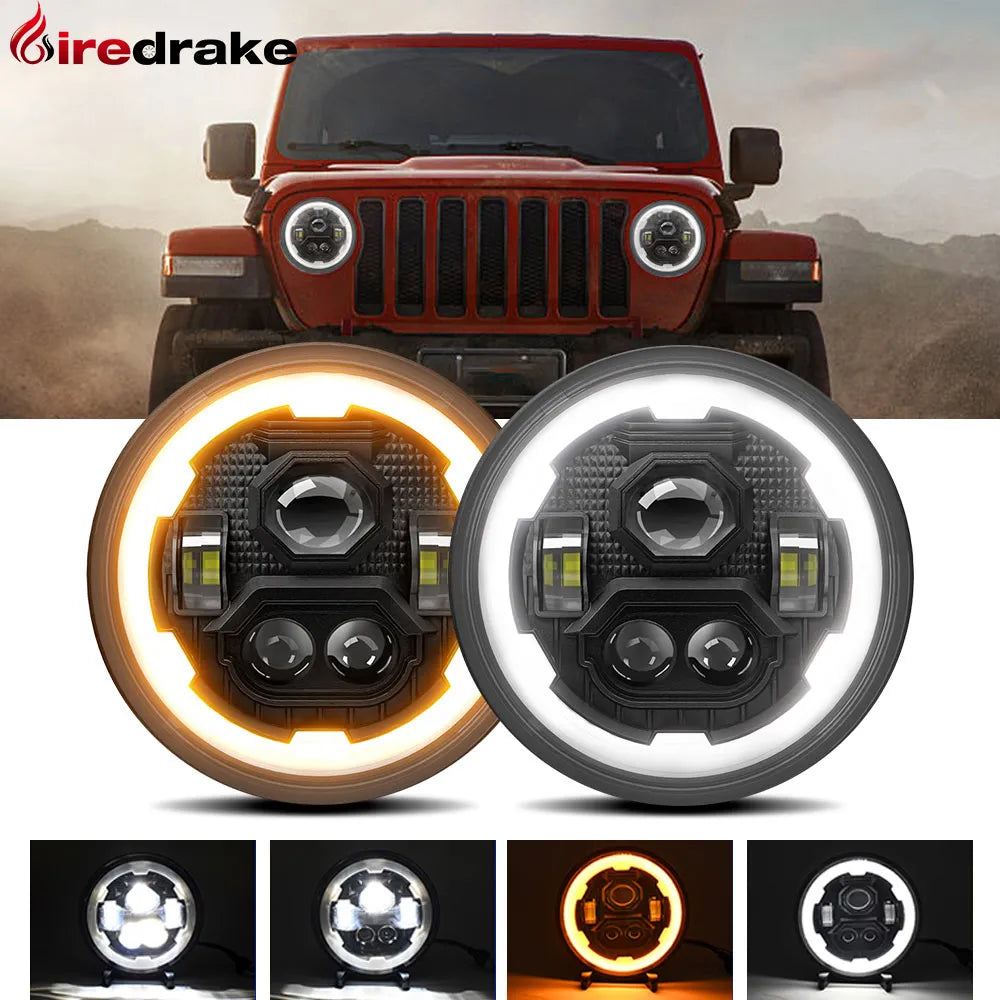 Firedrake R1 7 Inch LED Round Headlight Gear Angel Eye Wrangler Jeep Off-road Headlight H4 200W 6000K/3500K 30000LM 24V Headlamp