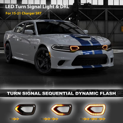 Replacement for SRT Scat Pack Grille LED Lights Sequential Amber Turn Signals Lights For Dodge Charger White LED as DRL 15-20